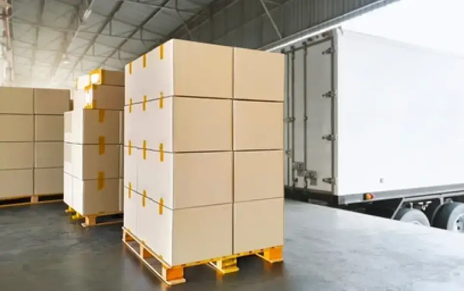 Stacks of loaded pallets ready for transport, positioned near a freight truck in the USA warehouse of ZR Dispatching Services LLC, representing efficient logistics and load assignment services.